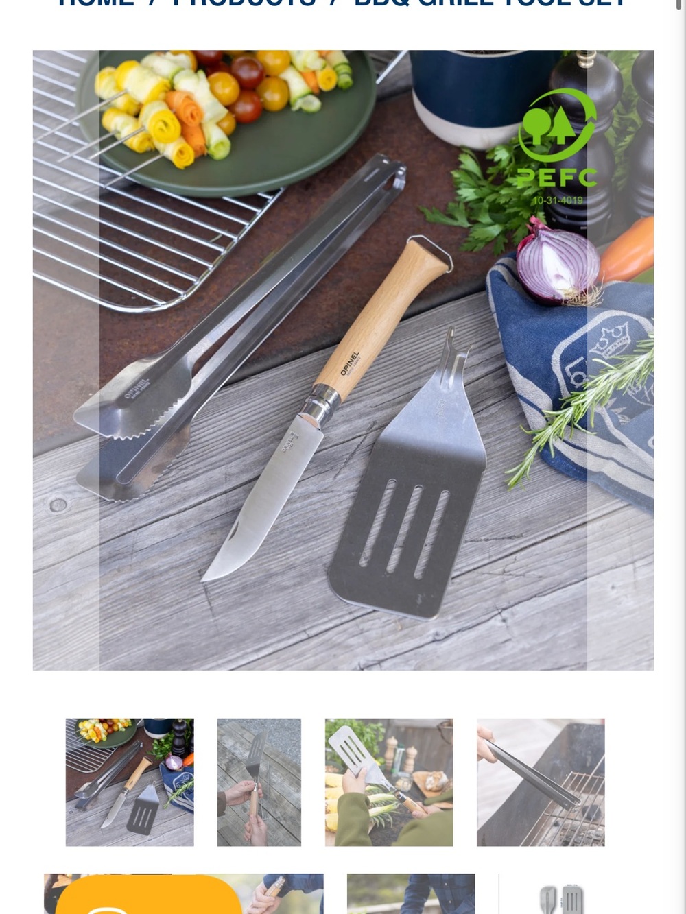 NIB Opinel Stainless Steel BBQ with Natural Wood Handle - Tongs, Spatula & Knife